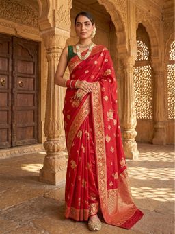 Anjaneya Sarees - Red Floral Woven Banarasi Silk Saree with Unstitched Blouse