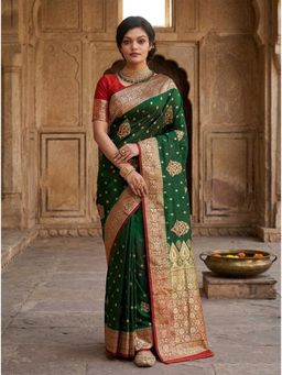 Anjaneya Sarees - Green Floral Woven Banarasi Silk Saree with Unstitched Blouse