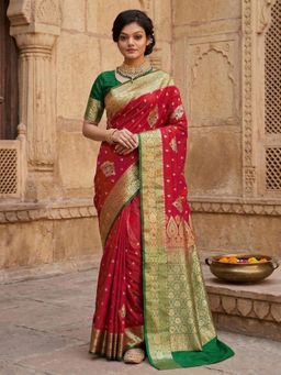 Anjaneya Sarees - Red Floral Woven Banarasi Silk Saree with Unstitched Blouse