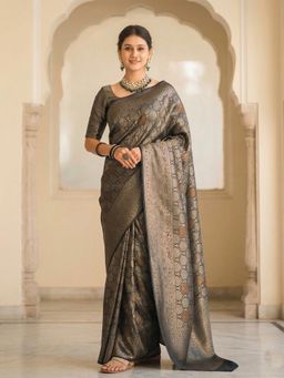 Anjaneya Sarees - Black Designer Woven Banarasi Silk Saree with Unstitched Blouse