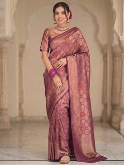 Anjaneya Sarees - Wine Designer Woven Banarasi Silk Saree with Unstitched Blouse