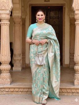 Anjaneya Sarees - Sky Blue Floral Woven Banarasi Silk Solid Saree with Unstitched Blouse