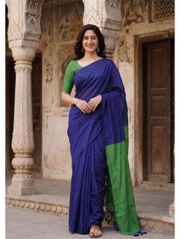 Anjaneya Sarees - Navy Blue Cotton Silk Colorblock Saree with Unstitched Blouse