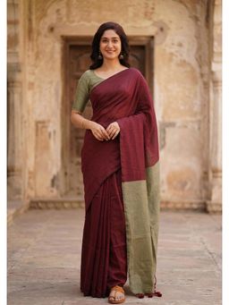 Anjaneya Sarees - Maroon Cotton Silk Colorblock Saree with Unstitched Blouse
