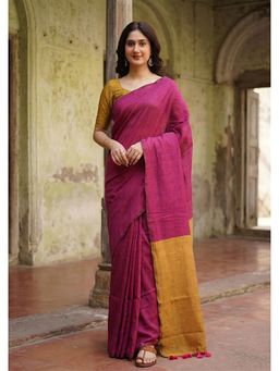 Anjaneya Sarees - Rani Pink Cotton Silk Colorblock Saree with Unstitched Blouse