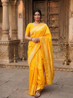 Anjaneya Sarees - Yellow Zari Woven Banarasi Silk Saree with Unstitched Blouse