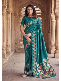 Anjaneya Sarees - Teal Designer Woven Banarasi Silk Saree with Unstitched Blouse