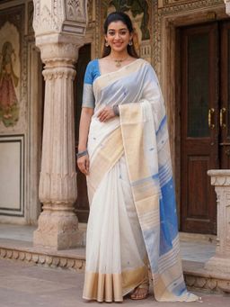 Anjaneya Sarees - White-Blue Designer Cotton Silk Woven Saree with Unstitched Blouse