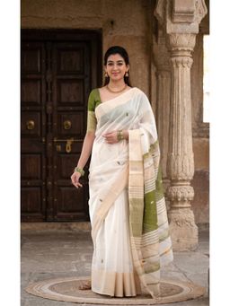 Anjaneya Sarees - White-Olive Designer Cotton Silk Woven Saree with Unstitched Blouse