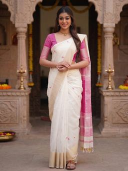 Anjaneya Sarees - White-Pink Designer Cotton Silk Woven Saree with Unstitched Blouse