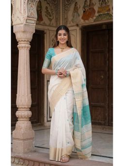 Anjaneya Sarees - White-Teal Designer Cotton Silk Woven Saree with Unstitched Blouse