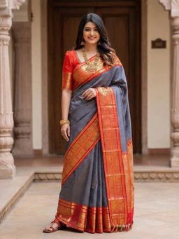 Anjaneya Sarees - Blue Designer Banarasi Silk Woven Saree with Unstitched Blouse