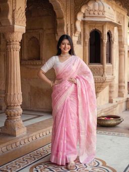 Anjaneya Sarees - Pink Designer Cotton Silk Woven Saree with Unstitched Blouse