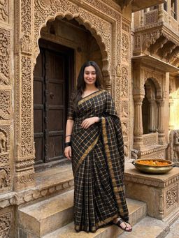 Anjaneya Sarees - Black Designer Banarasi Silk Checks Saree with Unstitched Blouse
