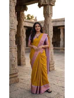 Anjaneya Sarees - Mustard Designer Banarasi Silk Solid Woven Saree with Unstitched Blouse