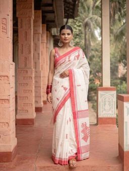 Anjaneya Sarees - White Cotton Silk Woven Handloom Saree with Unstitched Blouse