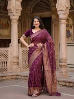 Anjaneya Sarees - Maroon Designer Banarasi Silk Woven Saree with Unstitched Blouse