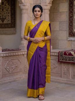 Anjaneya Sarees - Purple Designer Checks Banarasi Silk Saree with Unstitched Blouse