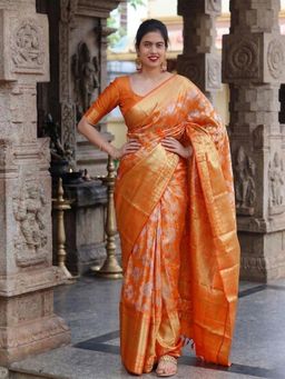 Anjaneya Sarees - Orange Designer Floral Woven Banarasi Silk Saree with Unstitched Blouse