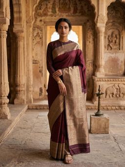 Anjaneya Sarees - Maroon Designer Checks Woven Banarasi Silk Saree with Unstitched Blouse