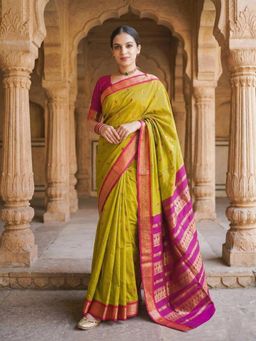 Anjaneya Sarees - Olive Designer Cotton Silk Woven Saree with Unstitched Blouse