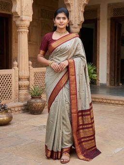 Anjaneya Sarees - Grey Designer Cotton Silk Woven Saree with Unstitched Blouse