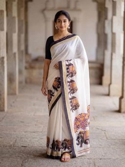AMRUTKALA SAREES - White Designer Linen Printed Saree with Unstitched Blouse