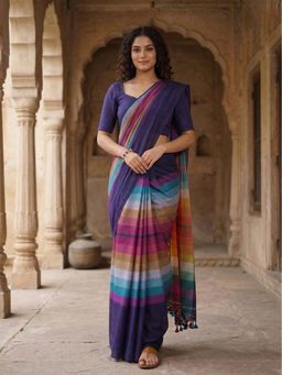 AMRUTKALA SAREES - Navy Blue Designer Linen Stripes Printed Saree with Unstitched Blouse