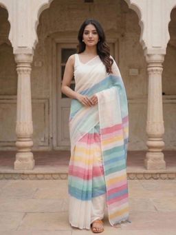 AMRUTKALA SAREES - Off White Designer Linen Stripes Printed Saree with Unstitched Blouse