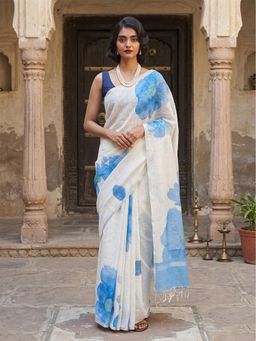 AMRUTKALA SAREES - Blue-White Designer Linen Printed Saree with Unstitched Blouse