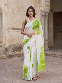 AMRUTKALA SAREES - White-Green Designer Linen Printed Saree with Unstitched Blouse