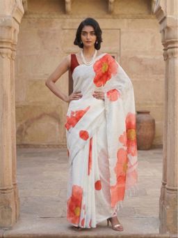 AMRUTKALA SAREES - Orange-White Designer Linen Floral Printed Saree with Unstitched Blouse
