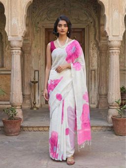 AMRUTKALA SAREES - Pink-White Designer Linen Printed Saree with Unstitched Blouse