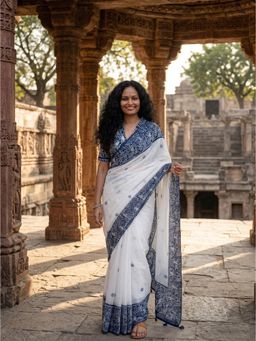 AMRUTKALA SAREES - White-Blue Designer Linen Printed Saree with Unstitched Blouse