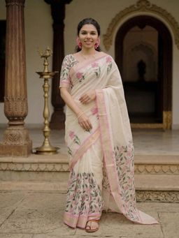 AMRUTKALA SAREES - Cream Designer Linen Floral Printed Saree with Unstitched Blouse