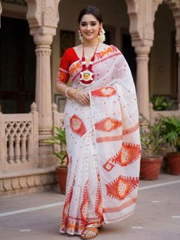 AMRUTKALA SAREES - White Designer Linen Printed Saree with Unstitched Blouse