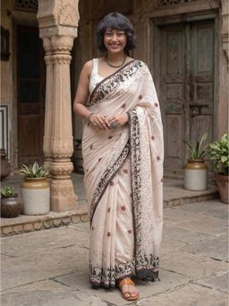 AMRUTKALA SAREES - Beige Designer Linen Printed Saree with Unstitched Blouse