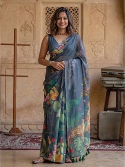 AMRUTKALA SAREES - Navy Blue Designer Linen Floral Printed Saree with Unstitched Blouse