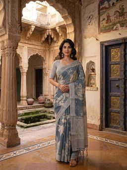 AMRUTKALA SAREES - Grey Designer Linen Floral Printed Saree with Unstitched Blouse