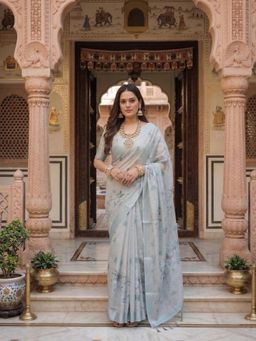 AMRUTKALA SAREES - Blue Designer Linen Floral Printed Saree with Unstitched Blouse