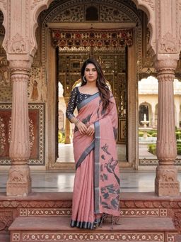 AMRUTKALA SAREES - Pink Designer Linen Printed Saree with Unstitched Blouse