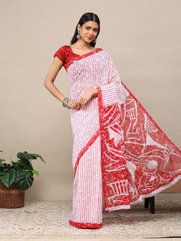 Garden VARELI - Red Viscose Striped Printed Saree with Unstitched Blouse