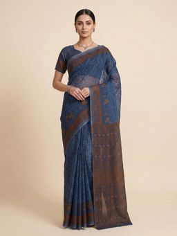 SALWAR STUDIO - Navy Blue Warli Printed Pure Cotton Saree with Unstitched Blouse