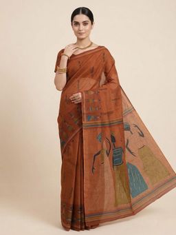 SALWAR STUDIO - Rust Warli Printed Pure Cotton Saree with Unstitched Blouse