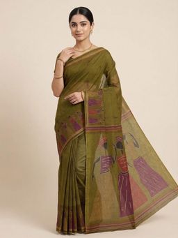 SALWAR STUDIO - Olive Warli Printed Pure Cotton Saree with Unstitched Blouse
