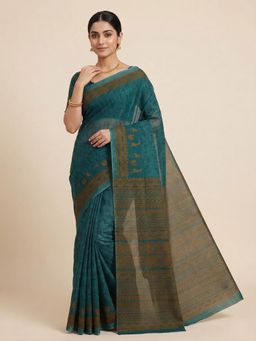 SALWAR STUDIO - Teal Warli Printed Pure Cotton Saree with Unstitched Blouse