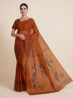 SALWAR STUDIO - Rust Warli Printed Pure Cotton Saree with Unstitched Blouse