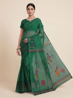 SALWAR STUDIO - Rama Green Warli Printed Pure Cotton Saree with Unstitched Blouse