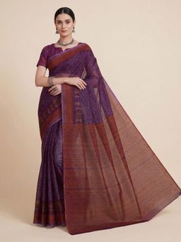 SALWAR STUDIO - Wine Warli Printed Pure Cotton Saree with Unstitched Blouse