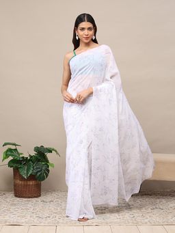 Garden VARELI - White-Purple Georgette Floral Printed Saree with Unstitched Blouse